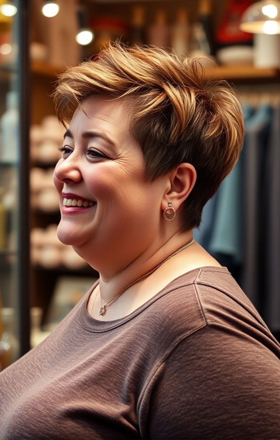 42 Short Hairstyles for Fat Faces and Double Chins : Textured Pixie with Warm Highlights