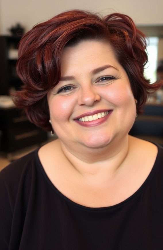 Curly Pixie Bob with Deep Burgundy Highlights, Short hair for plus size faces, Short hairstyles for fat faces and double chins, Short Haircuts for Plus-Size Women, short haircuts for chubby faces, Short hair for chubby face female over 40, short haircuts for round faces