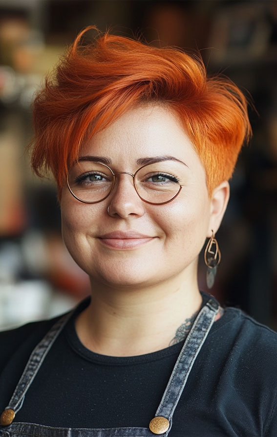 Fiery Orange Pixie Haircut, Short hair for plus size faces, Short hairstyles for fat faces and double chins, Short Haircuts for Plus-Size Women, short haircuts for chubby faces, Short hair for chubby face female over 40, short haircuts for round faces