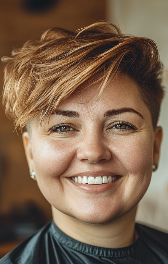 42 Short Hairstyles for Fat Faces and Double Chins : Sandy Blonde Tousled Pixie