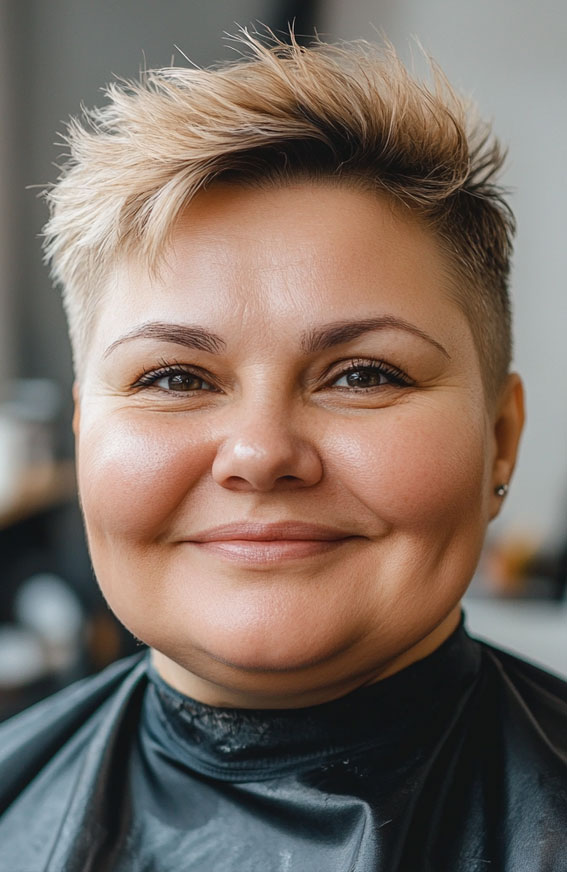 Subtle Blonde Textured Pixie Cut, Short hair for plus size faces, Short hairstyles for fat faces and double chins, Short Haircuts for Plus-Size Women, short haircuts for chubby faces, Short hair for chubby face female over 40, short haircuts for round faces