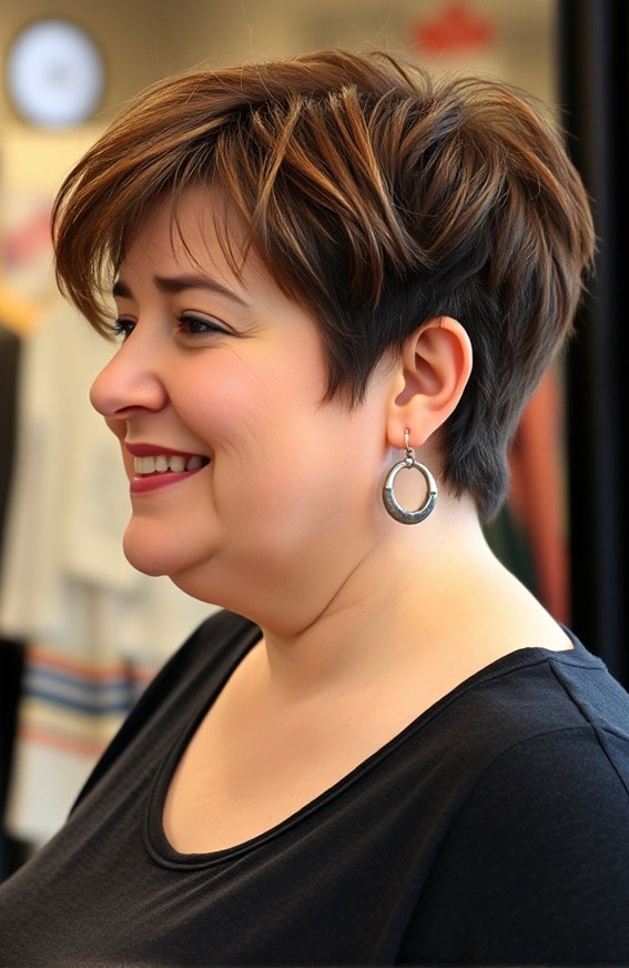 Feathered  Layered Pixie Cut, Short hair for plus size faces, Short hairstyles for fat faces and double chins, Short Haircuts for Plus-Size Women, short haircuts for chubby faces, Short hair for chubby face female over 40, short haircuts for round faces