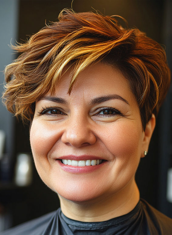 Choppy Layers with a Splash of Colour, Short hair for plus size faces, Short hairstyles for fat faces and double chins, Short Haircuts for Plus-Size Women, short haircuts for chubby faces, Short hair for chubby face female over 40, short haircuts for round faces