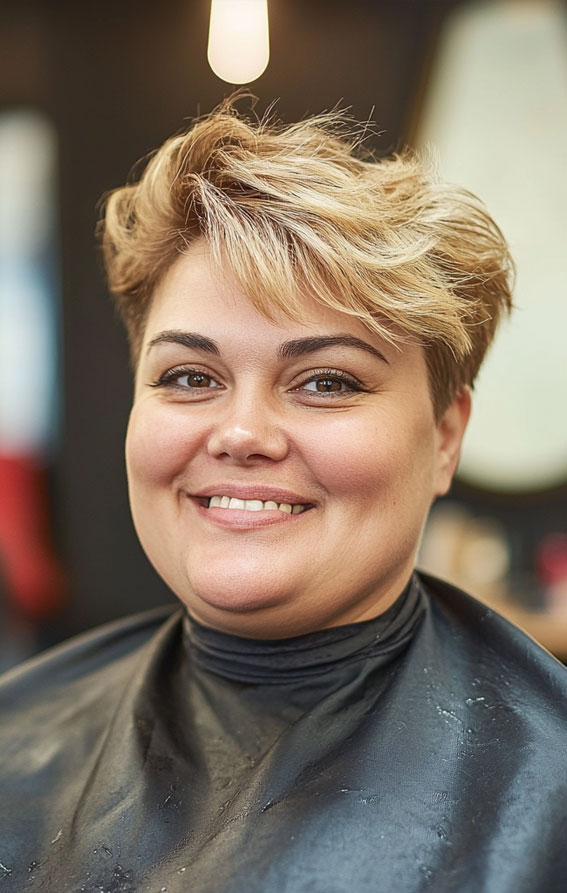 42 Short Hairstyles for Fat Faces and Double Chins : Blonde Messy Textured Pixie