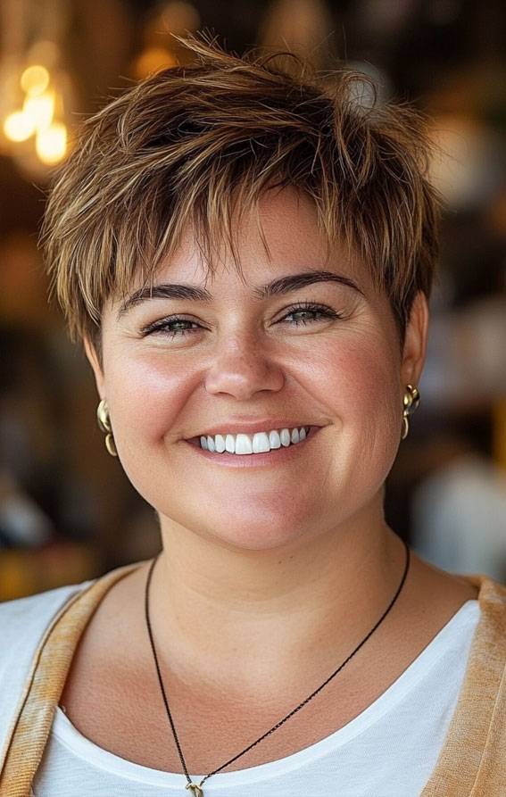 Choppy Pixie with Light Brown Highlights, Short hair for plus size faces, Short hairstyles for fat faces and double chins, Short Haircuts for Plus-Size Women, short haircuts for chubby faces, Short hair for chubby face female over 40, short haircuts for round faces