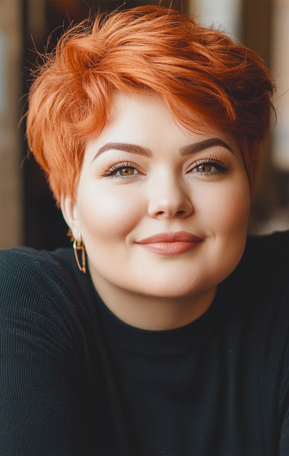 42 Short Hairstyles for Fat Faces and Double Chins : Fiery Copper Pixie with Volume