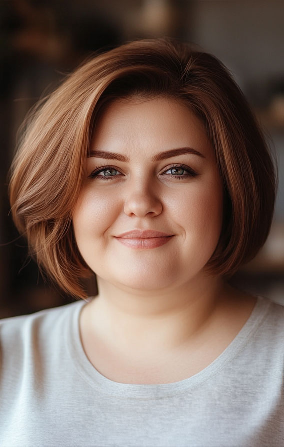 Chin-Length Bob with Warm Brown Tones, Short hair for plus size faces, Short hairstyles for fat faces and double chins, Short Haircuts for Plus-Size Women, short haircuts for chubby faces, Short hair for chubby face female over 40, short haircuts for round faces