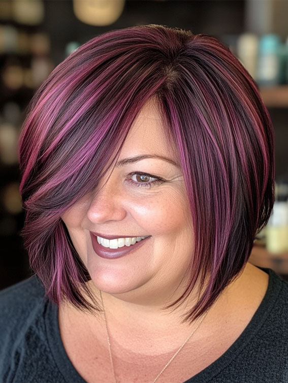 Angled Bob with Purple Highlights, Short hair for plus size faces, Short hairstyles for fat faces and double chins, Short Haircuts for Plus-Size Women, short haircuts for chubby faces, Short hair for chubby face female over 40, short haircuts for round faces