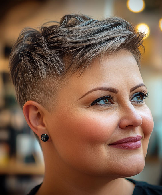 42 Short Hairstyles for Fat Faces and Double Chins : Textured Pixie with Silver Highlights