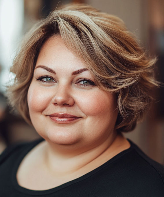 Soft Layered Bob with Ash Blonde Highlights, Short hair for plus size faces, Short hairstyles for fat faces and double chins, Short Haircuts for Plus-Size Women, short haircuts for chubby faces, Short hair for chubby face female over 40, short haircuts for round faces