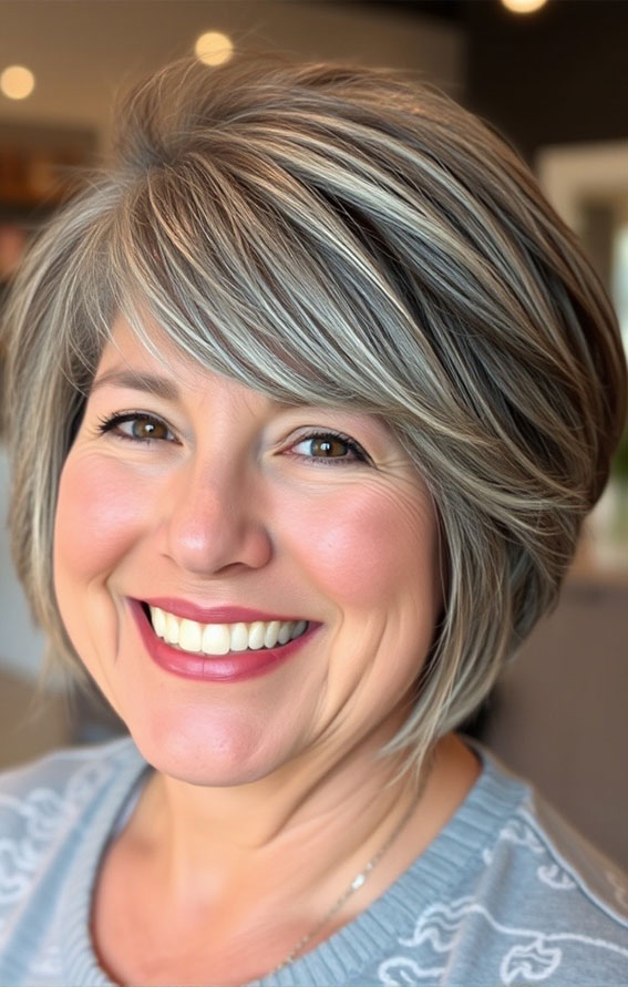 21 Slimming Short Haircuts for Chubby Women Over 60 : Soft Side-Swept Bob