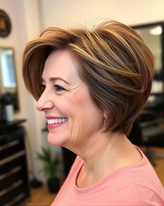 Golden Brown Layered Bob, Slimming Short Haircuts for Chubby Women Over 60, short haircut for women over 60