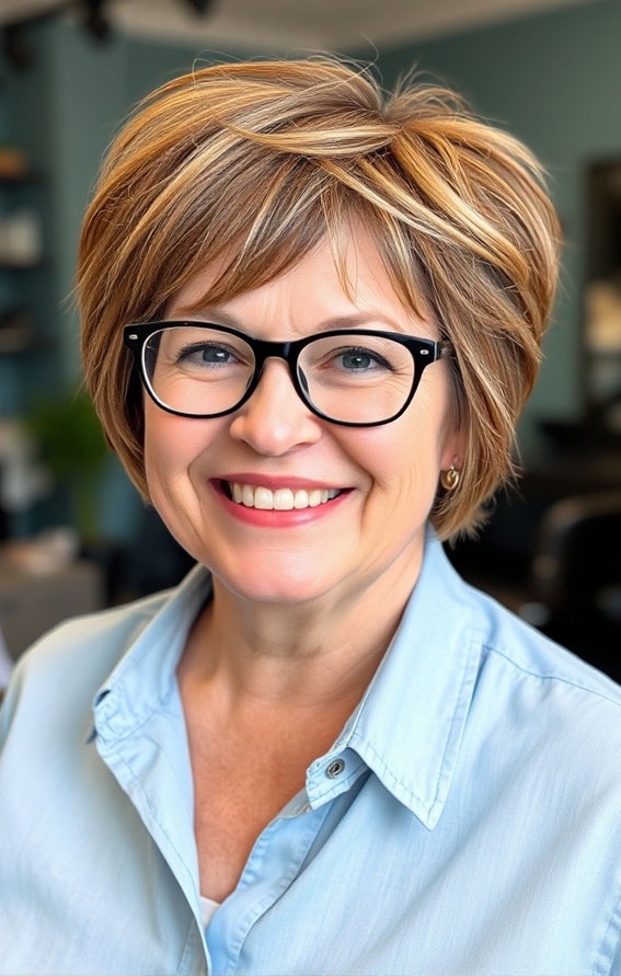 Golden Blonde Layered Bob, Slimming Short Haircuts for Chubby Women Over 60, short haircut for women over 60, short haircut for women over 60 with glasses