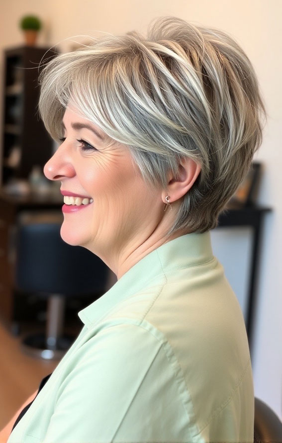 21 Slimming Short Haircuts for Chubby Women Over 60 : Layered Ash Blonde Pixie