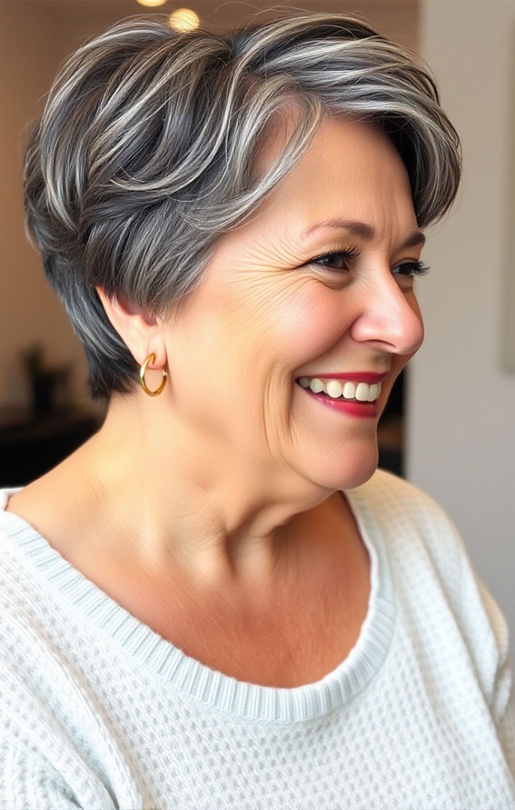 Chic Salt-and-Pepper Pixie, Slimming Short Haircuts for Chubby Women Over 60, silver short haircut for women over 60 