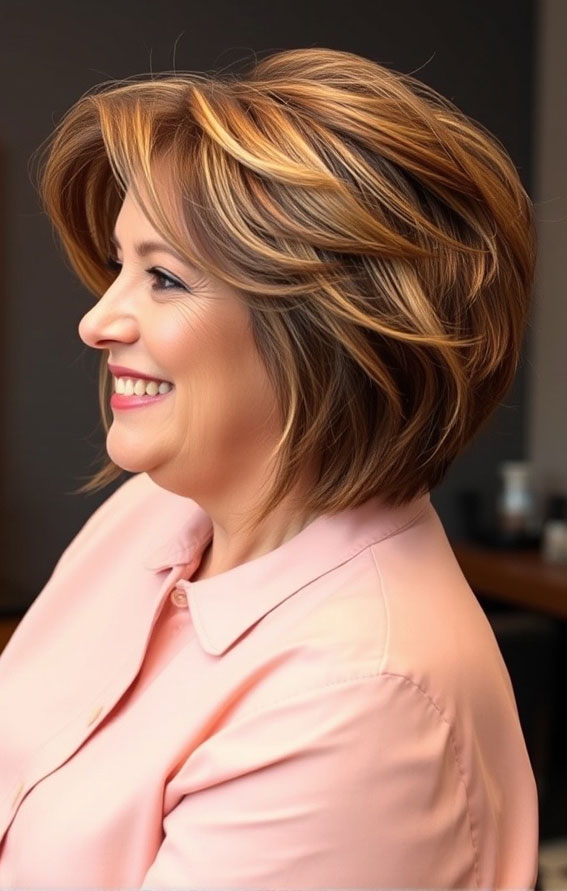 Golden Honey Bob, Slimming Short Haircuts for Chubby Women Over 60, brown short haircut for women over 60