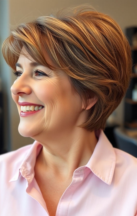 21 Slimming Short Haircuts for Chubby Women Over 60 : Warm Chestnut Pixie Bob