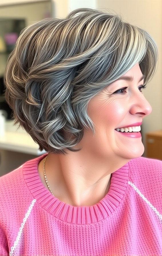 21 Slimming Short Haircuts for Chubby Women Over 60 : Curly Grey Bob