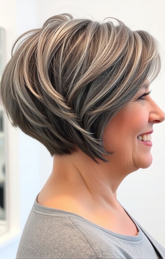 21 Slimming Short Haircuts for Chubby Women Over 60 : Elegant Stacked Bob