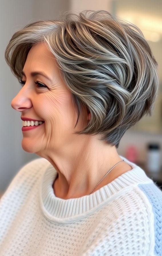 Layered Grey Bob, Slimming Short Haircuts for Chubby Women Over 60, short haircut for women over 60