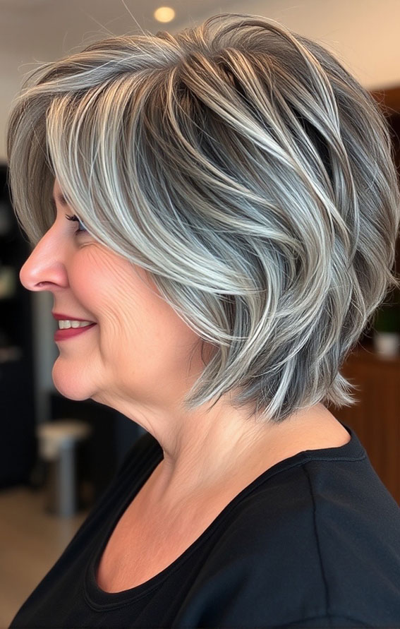 Ash Blonde Layered Bob, Slimming Short Haircuts for Chubby Women Over 60, short haircut for women over 60