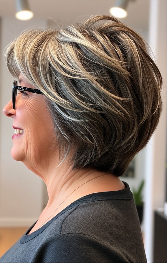 21 Slimming Short Haircuts for Chubby Women Over 60 : Textured Ash Brown Bob