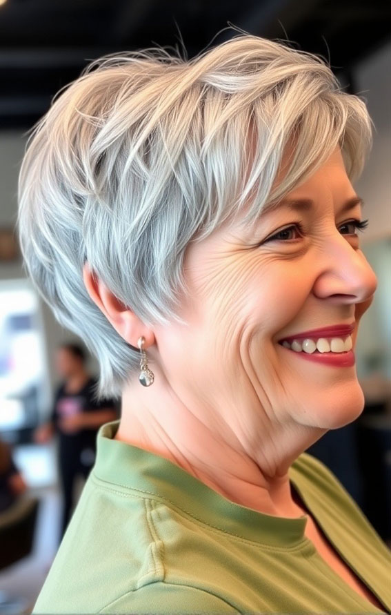 21 Slimming Short Haircuts for Chubby Women Over 60 : Textured Pixie with Silver Shine