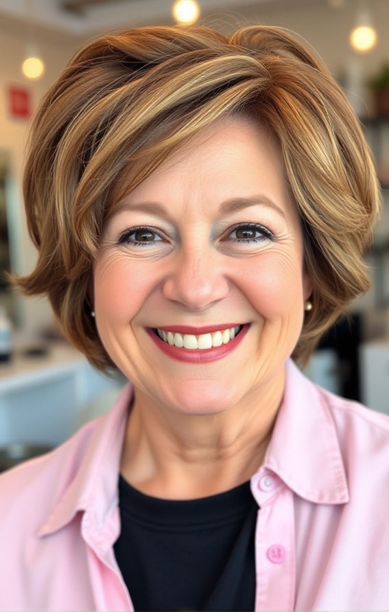 21 Slimming Short Haircuts for Chubby Women Over 60 : Warm Caramel Bob