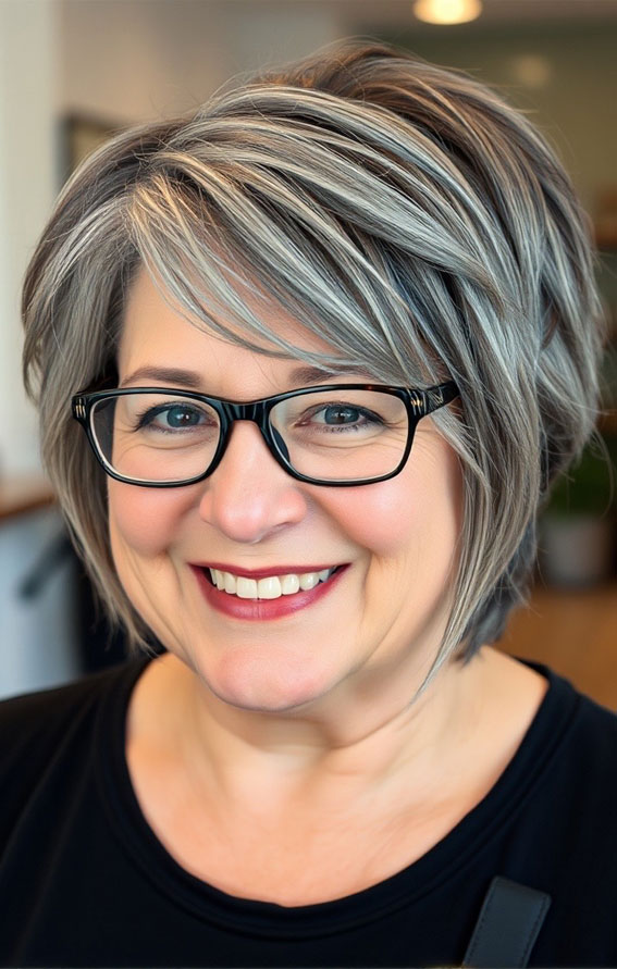 21 Slimming Short Haircuts for Chubby Women Over 60 : Effortless Silver Layers