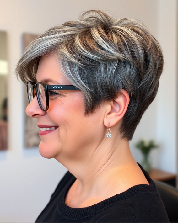 21 Slimming Short Haircuts for Chubby Women Over 60 : Silver Pixie with Volume