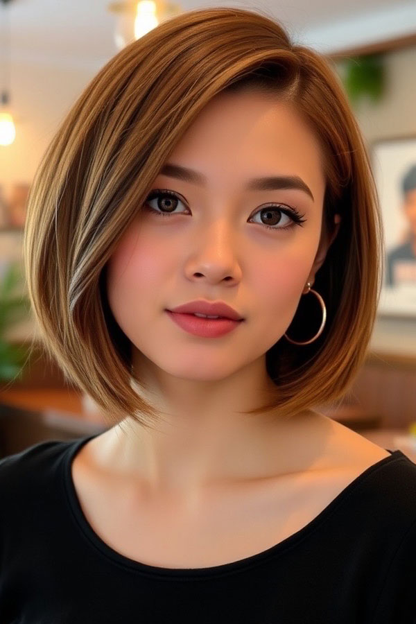 Soft Caramel Bob with Side Part, Sleek Bob Haircut, bob hairstyle, sleek bob hairstyle