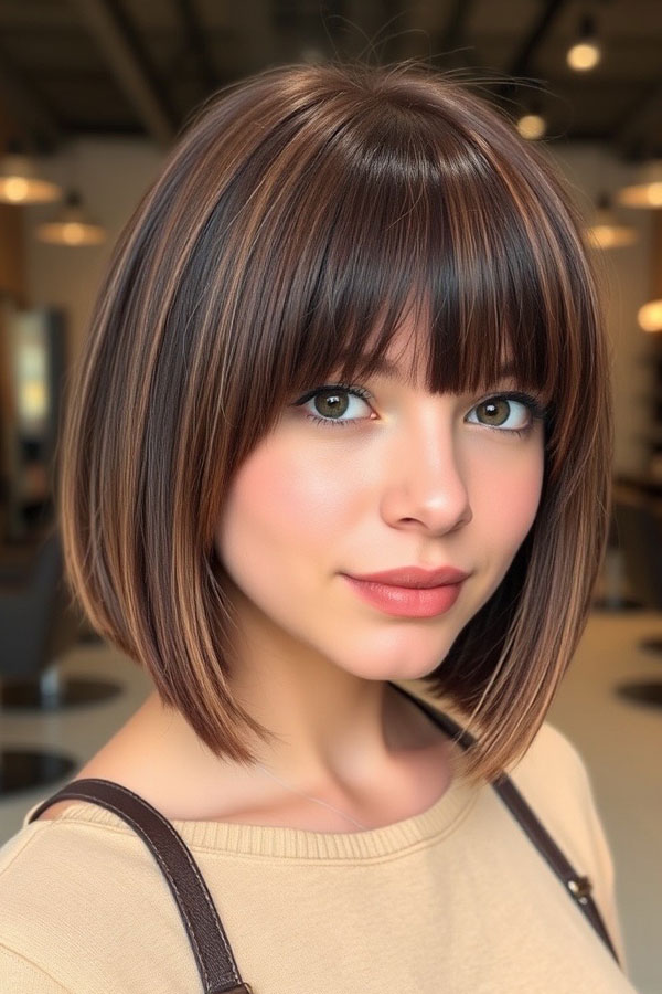 32 Sleek Bob Haircuts for a Chic and Polished Look : Soft Chocolate Bob with Wispy Bangs