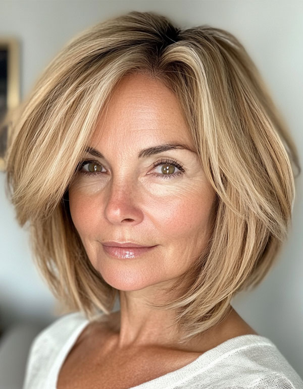 25 Layered Bob Haircuts For Women Over 50 : Soft Honey Blonde Bob