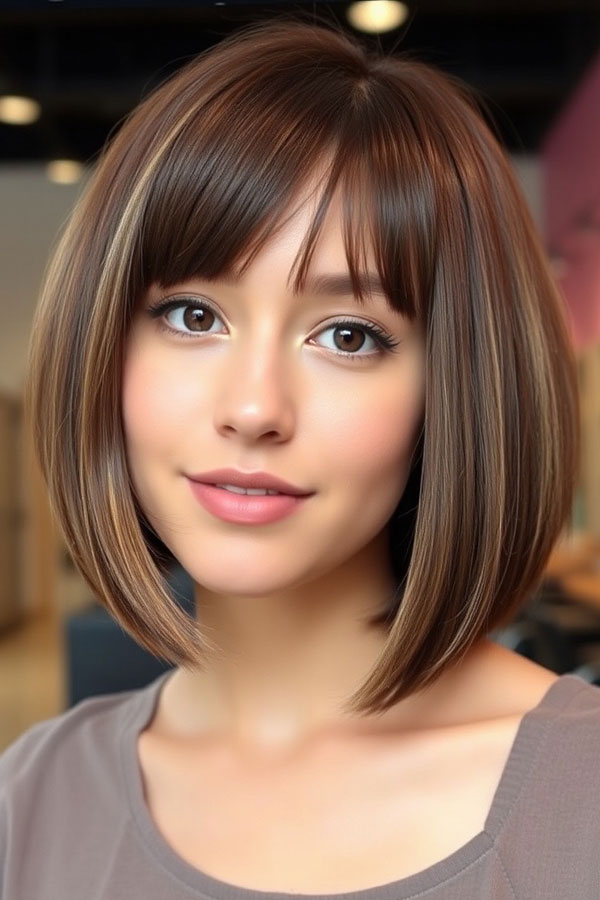 32 Sleek Bob Haircuts for a Chic and Polished Look : Soft Mocha Bob with Face-Framing Highlights