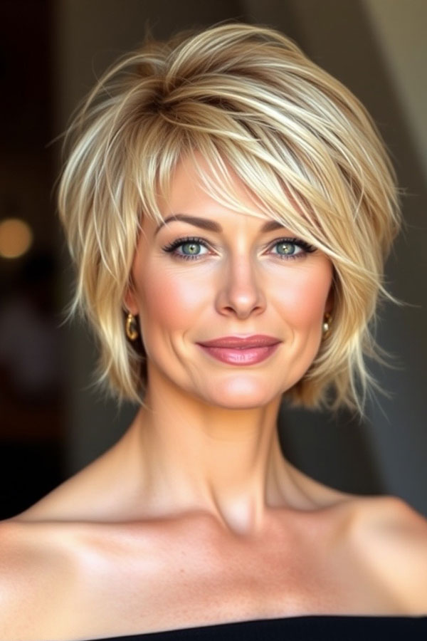 25 Layered Bob Haircuts For Women Over 50 : Textured Blonde Shag Bob