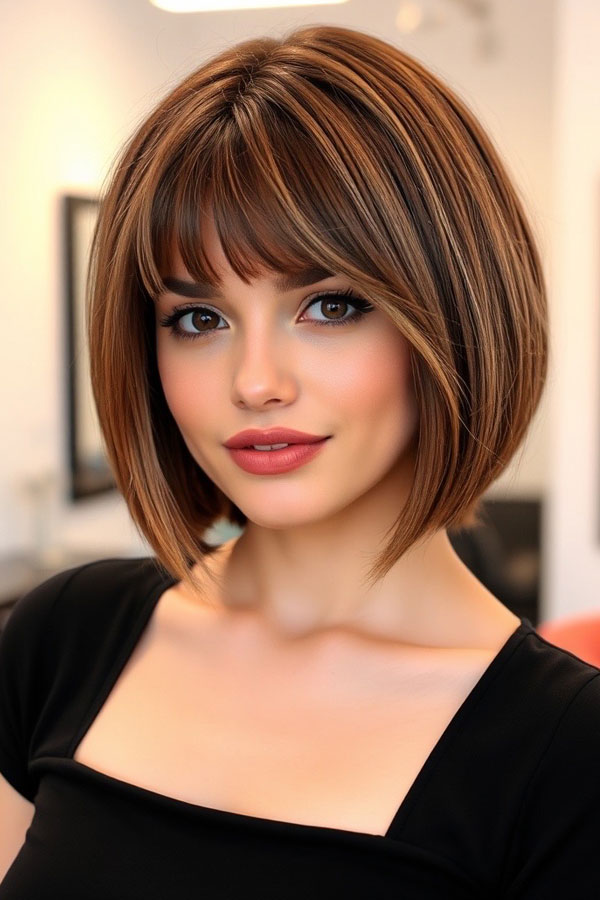 Textured Caramel Bob with Feathered Bangs