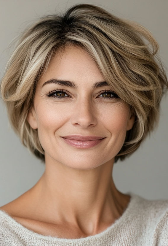 25 Layered Bob Haircuts For Women Over 50 : Tousled Ash Blonde Bob