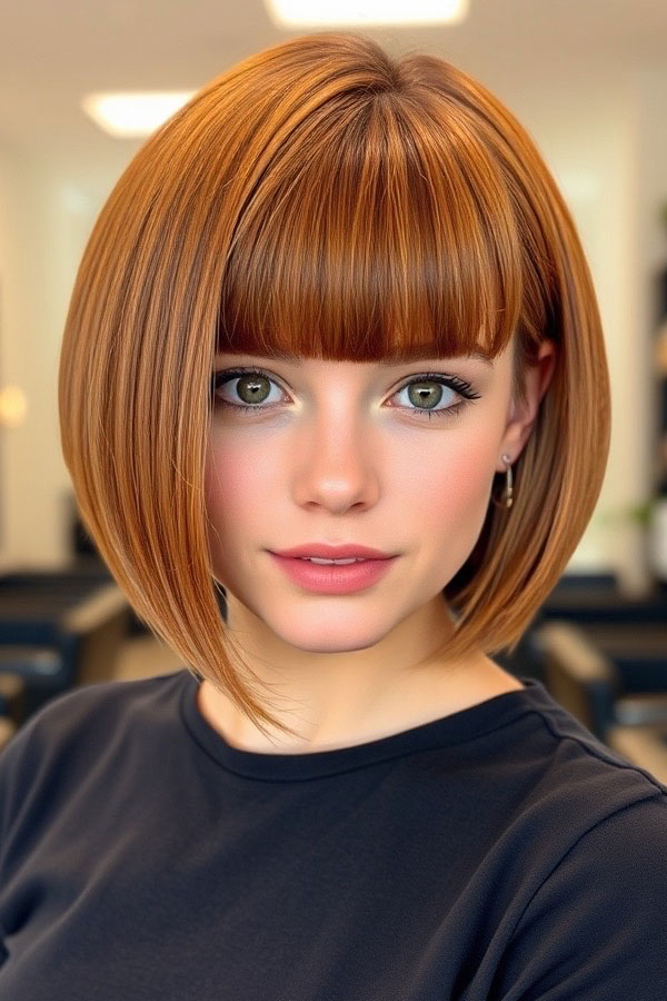 32 Sleek Bob Haircuts for a Chic and Polished Look : Vibrant Copper Bob with Sleek Blunt Bangs