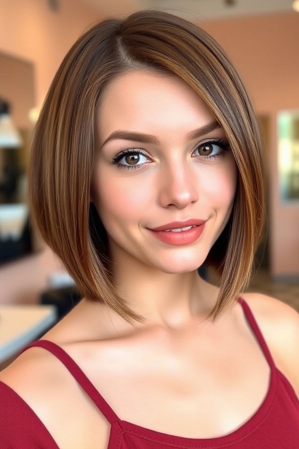 Warm Chestnut Angled Bob with Subtle Highlights, Sleek Bob Haircut, bob hairstyle, sleek bob hairstyle