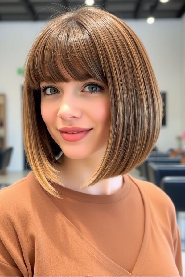 Warm Honey Blonde Bob with Soft Bangs, Sleek Bob Haircut, bob hairstyle, sleek bob hairstyle