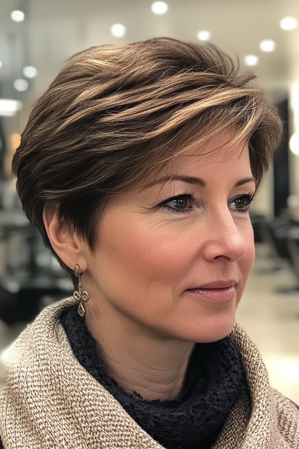 Sophisticated Tapered Pixie with Subtle Highlights , Easy Wash-and-Wear Haircuts for Women 50+, low maintenance haircut for women over 50, wash and wear haircut for women over 50