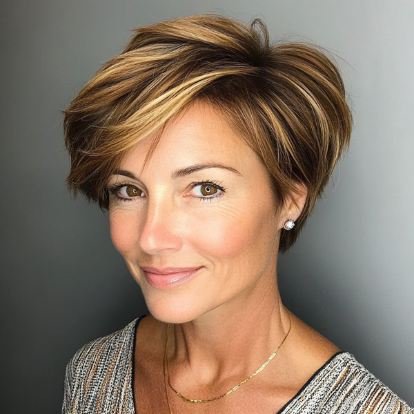 Classic Bob with Golden Highlights , Easy Wash-and-Wear Haircuts for Women 50+, low maintenance haircut for women over 50, wash and wear haircut for women over 50