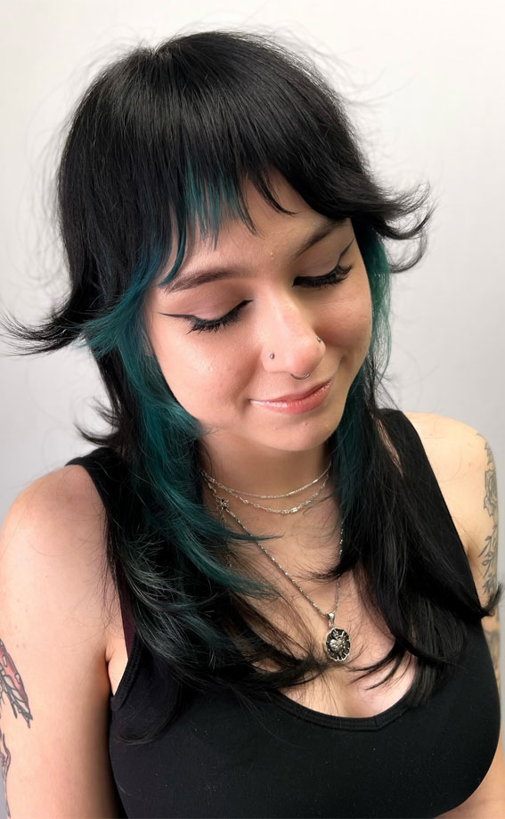 30 Deep, Warm, and Vibrant Hair Colours for Autumn : Wispy Shullet with Teal Panels