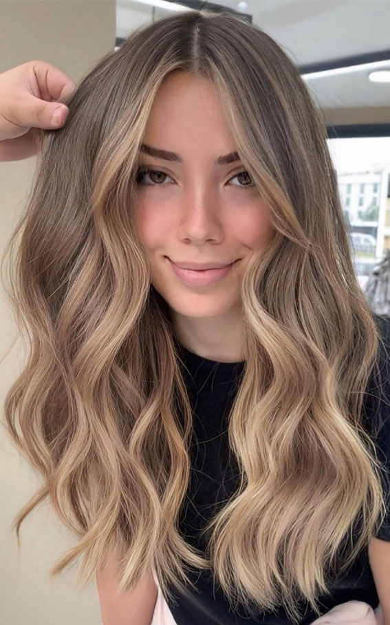  Sandy Blonde Long Waves, Best Subtle Hair Colour Idea, subtle hair colour, subtle hair colour for brown hair, Subtle hair colour for dark hair, Subtle hair colour for brunettes, hair colours