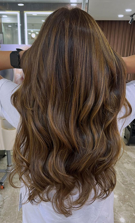 Golden Chestnut Long Waves, Best Subtle Hair Colour Idea, subtle hair colour, subtle hair colour for brown hair, Subtle hair colour for dark hair, Subtle hair colour for brunettes, hair colours