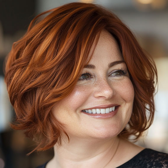 42 Short Hairstyles for Fat Faces and Double Chins : Layered Bob with Rich Copper Tones