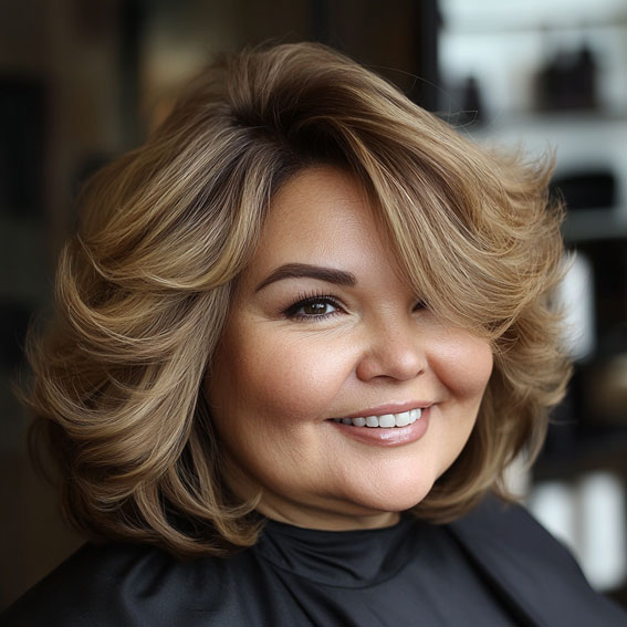 42 Short Hairstyles for Fat Faces and Double Chins : Feathered Layers with Honey Blonde Highlights