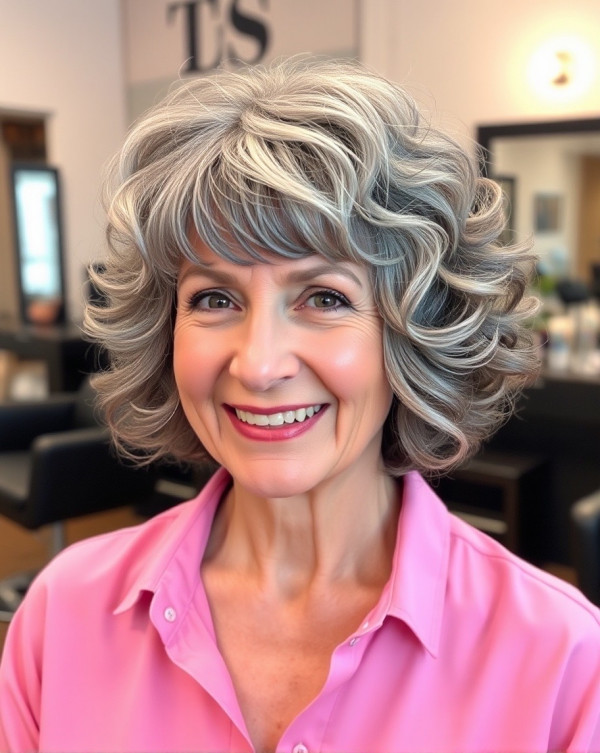 18 Curly Hairstyles for Women Over 60 : Medium-Length Silver Curls with Feathered Fringe