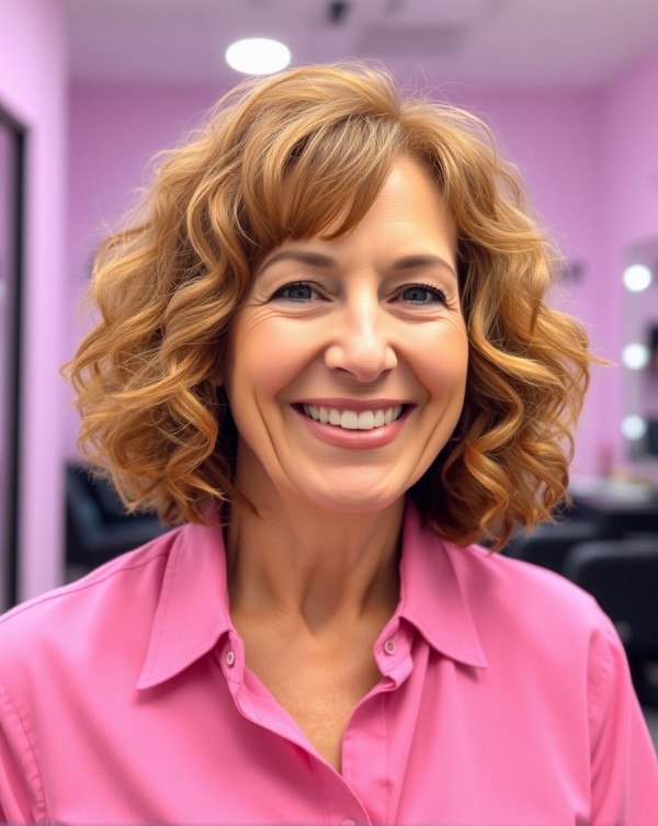 18 Curly Hairstyles for Women Over 60 : Golden Blonde Curls with Side-Swept Fringe