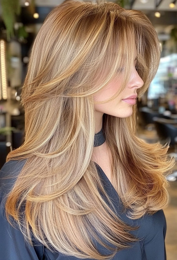 35 Curtain Bangs with Layered Long Hair : Golden Blonde Layers with Flowing Curtain Bangs